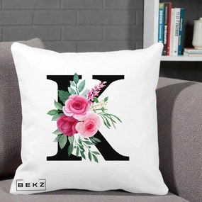 Cadou Personalizat - Perna Personalizata Monograma Florala Litera K, 40x40 cm, Alba Mata, Husa Detasabila, Perna Inclusa, BEKZ®