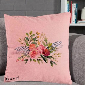 Perna Decorativa Buchet Flori Acuarela Roz-Verde, 40x40 cm, Roz, Husa Detasabila, Perna Inclusa, BEKZ®
