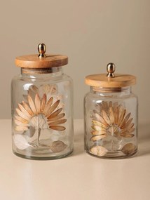 Borcan din sticla, cu capac din lemn de mango, design petale presate, H14cm, Aster