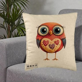 Perna Decorativa Bufnita Rosie cu Inimi Aurii, 40x40 cm, Bej, Husa Detasabila, Perna Inclusa, BEKZ®