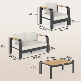 Outsunny Set mobilier grădină din aluminiu, grup de șezut pentru 4 persoane, rezistent la apă, extra-adânc, cu canapea 2 locuri, 2 fotolii, măsuță laterală | Aosom Romania