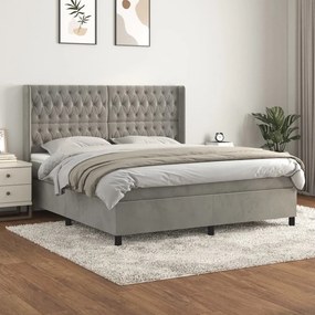 Pat box spring cu saltea, gri deschis, 180x200 cm, catifea Gri deschis, 180 x 200 cm, Design cu nasturi