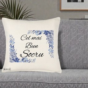 Cadou pentru Socru - Perna Personalizata Cel mai Bun Socru cu Flori Albastre Acuarela, 40x40 cm, Crem Reliefat, Husa Detasabila, Perna Inclusa, BEKZ®