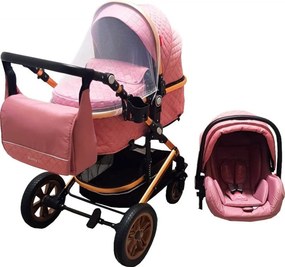 Carucior nou nascuti 3 in 1 Baby Care™ PRO 530, Cu geanta bebe, Cadru Aluminiu Gold, Amortizoare, Roti din cauciuc plin AVE, Landou, Scoica auto,