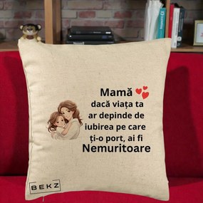 Cadou pentru Mama - Perna Personalizata Mama Nemuritoare cu Balon Inima, 40x40 cm, Bej, Husa Detasabila, Perna Inclusa, BEKZ®