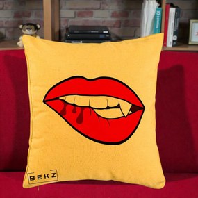 Perna Decorativa Vampire Lips Halloween, 40x40 cm, Galben, Husa Detasabila, Perna Inclusa, BEKZ®
