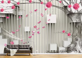 Tapet Premium Canvas - Trandafirii petalele si cuburile 3d abstract