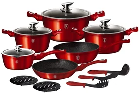 RESIGILAT - Set oale si tigai marmorate, antiaderente, cu capace si ustensile, Burgundy Metalic Line Berlinger Haus BH 1226N
