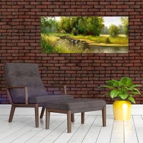 Tablou - Râu lângă pădure, pictură în ulei (120x50 cm)