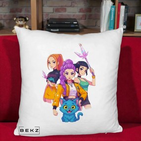 Perna Personalizata K-pop HUNTRX Trio cu Pisica si Cristale, 40x40 cm, Alb Pufos, Husa Detasabila, Perna Inclusa, BEKZ®
