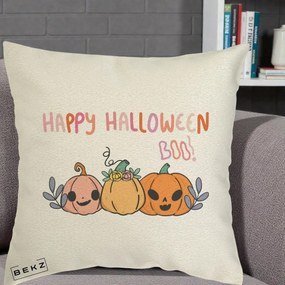 Perna Decorativa Happy Halloween Boo Trei Dovlecei Kawaii, 40x40 cm, Ecru, Husa Detasabila, Perna Inclusa, BEKZ®