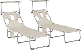 Outsunny Set de 2 șezlonguri pliante reclinabile cu copertină 360° orificiu facial buzunar lateral și Textilene 550 g/m² bej | Aosom Romania