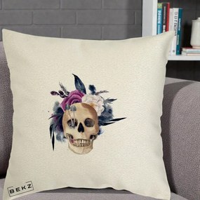 Perna Decorativa Craniu Floral cu Trandafiri si Ciuperci, 40x40 cm, Ecru, Husa Detasabila, Perna Inclusa, BEKZ®