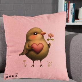 Perna Decorativa Pasare Verde cu Inima si Floare, 40x40 cm, Roz, Husa Detasabila, Perna Inclusa, BEKZ®