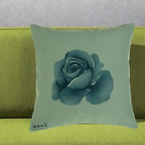 Perna Decorativa Trandafir Albastru Acuarela, 40x40 cm, Verde, Husa Detasabila, Perna Inclusa, BEKZ®