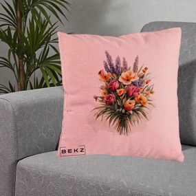 Perna Decorativa Buchet Mixt Acuarela Lavanda-Trandafiri, 40x40 cm, Roz, Husa Detasabila, Perna Inclusa, BEKZ®