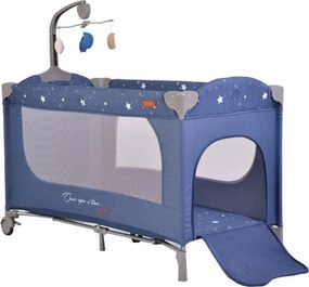 Patut pliant transformabil in tarc copii NOVOKIDS™ Onceuponatime NEST, 62X125 cm, 2 Niveluri, Jucarie Carusel muzical, Fermoar acces lateral, Albastru