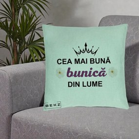 Cadou pentru Bunica - Perna Personalizata Cea Mai Buna Bunica Din Lume Coroana Mov Flori, 40x40 cm, Verde Menta, Husa Detasabila, Perna Inclusa, BEKZ®