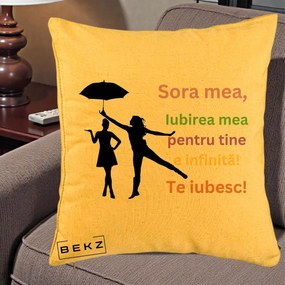 Cadou pentru Sora - Perna Personalizata Sora Mea Te Iubesc Siluete Colorate Umbrela, 40x40 cm, Galben, Husa Detasabila, Perna Inclusa, BEKZ®