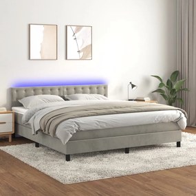 vidaXL Pat cu arcuri, saltea și LED, gri deschis, 180x200 cm, catifea