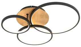 Plafoniera neagră cu lemn incluzând LED cu dimmer în 3 trepte, 3 lumini - Alec