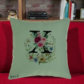 Cadou Personalizat - Perna Personalizata Monograma Florala Litera X cu Coroana, 40x40 cm, Verde, Husa Detasabila, Perna Inclusa, BEKZ®