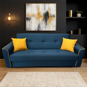 Canapea VERA extensibila, 3 locuri, lada de depozitare, stofa bleumarin + galben, 225x90x90 Bleumarin + Galben, Stofa