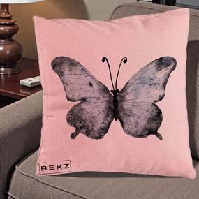 Perna Decorativa Fluture Acuarela Albastru-Gri, 40x40 cm, Roz, Husa Detasabila, Perna Inclusa, BEKZ®