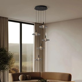 Lustra cu 5 pendule LED alama aurie si sticla fumurie, DIAZ