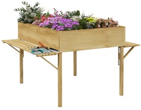 Outsunny Strat de Grădină Înălțat cu 12 Grile, Jardinieră Înălțată din Lemn cu Rafturi Laterale Pliabile, 122x91,5x89 cm, Lemn Natural | Aosom Romania