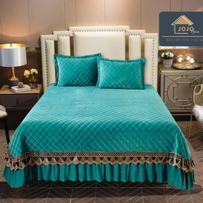 Cuvertura de pat cu volan si broderie, 2 fete de perne, catifea, pat 2 persoane, turquoise, 3 piese, CCBJ-03