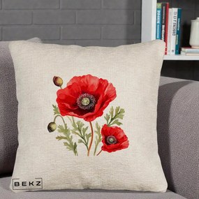 Perna Decorativa Maci Rosii Acuarela, 40x40 cm, Bej Canapea, Husa Detasabila, Perna Inclusa, BEKZ®