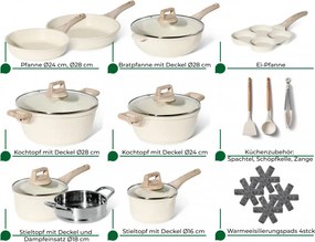Resigilat: Set oale si tigai Just Perfecto JL-721, 21 piese, Finisaj marmura, Inductie, Oala aburi, Accesorii, Bej