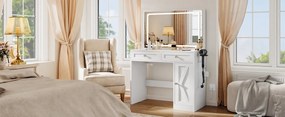 SEA498 - Set Masa toaleta 90 cm, cosmetica machiaj, oglinda cu LED, masuta vanity cu Priza, USB si Suport Uscator par - Alb