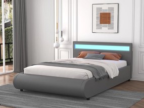 Pat A01 Tapitat Piele Ecologica 160x200cm, cu iluminare LED integrata, Gri, Saltea Ortopedica 20cm inclusa