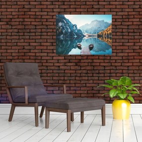 Tablou pe sticlă - Bărci pe Lacul Braies (70x50 cm)