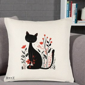 Perna Decorativa Pisica Neagra Flori Rosii Folk Minimal, 40x40 cm, Crem Reliefat, Husa Detasabila, Perna Inclusa, BEKZ®