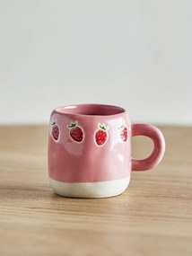 Cană din ceramică artizanală, natur, pictată manual cu ilustrații de căpșuni, 6x7 cm, 110 ml, „Millie"