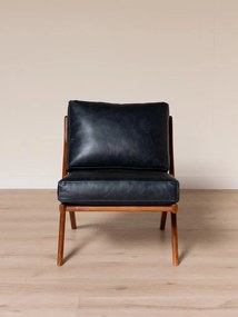 Fotoliu lounge din piele naturală neagră cu structură din lemn de acacia, „Marnet”