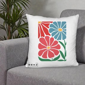Perna Decorativa Flori Grafice Rosu-Albastru, 40x40 cm, Alb Pufos, Husa Detasabila, Perna Inclusa, BEKZ®