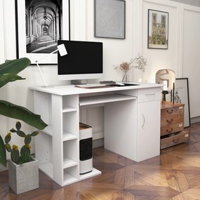 HOMCOM Birou pentru PC, Ergonomic, cu Rafturi, Dulap, Sertar și Suport pentru Tastatură Extensibilă, 120x60x74 cm, Alb | Aosom Romania