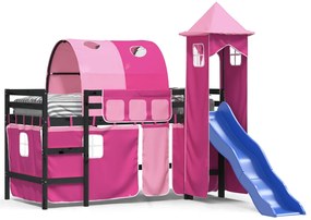 3207098 vidaXL Pat etajat de copii cu turn, roz, 80x200 cm, lemn masiv pin