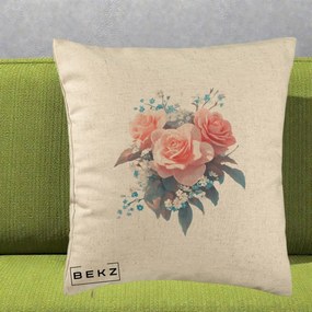 Perna Decorativa Trandafiri Roz cu Floricele Albastre, 40x40 cm, Bej, Husa Detasabila, Perna Inclusa, BEKZ®