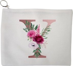 Portfard Cosmetice tip Plic, Cu litera Y Rose Gold si Trandafiri, 23x18 cm, Alb, BEKZ®