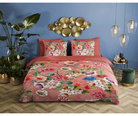 Lenjerie de pat din bumbac organic pentru pat de o persoană Descanso Flowery, 140 x 220 cm, portocaliu