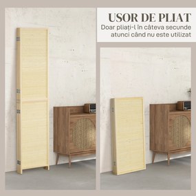 HOMCOM Paravan Interior Pliabil cu 4 Uși, Separator de Cameră din Ratan Bambus, 180x1,6x180 cm, Culoarea Lemnului | Aosom Romania