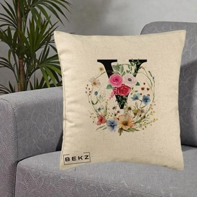 Cadou Personalizat - Perna Personalizata Monograma Florala Litera V cu Coroana, 40x40 cm, Bej, Husa Detasabila, Perna Inclusa, BEKZ®