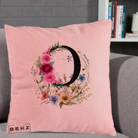 Cadou Personalizat - Perna Personalizata Monogram Litera O cu Flori Acuarela, 40x40 cm, Roz, Husa Detasabila, Perna Inclusa, BEKZ®