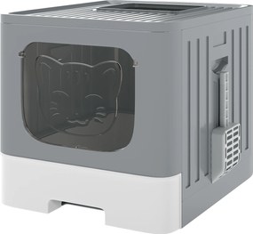 PawHut Litieră pliabilă pentru pisici M cu capac grilaj Tavă detașabilă Lopată Cârlig lateral Ușor de curățat Etanșă Gri | Aosom Romania