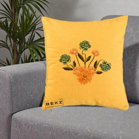 Perna Decorativa Buchet Primavara Acuarela, 40x40 cm, Galben, Husa Detasabila, Perna Inclusa, BEKZ®